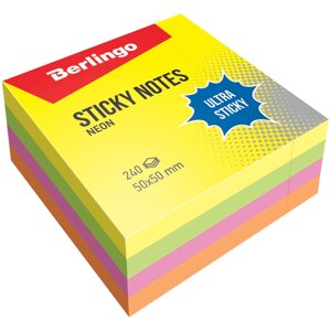 Блок самоклеящийся Berlingo "Ultra Sticky" 50*50 мм, 240 л 4 неоновых цвета