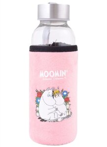 Бутылка в чехле велюр MOOMIN Муми-тролль и Фрекен Снорк сидят в цветах (стекло) (300мл)