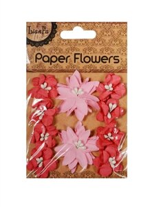 Цветы с бусинами Paper Flower, 2 больших и 8 маленьких на карточке крафт в пакете с подвесом, розовые с красными