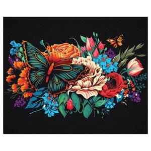 Картина по номерам на черном холсте ТРИ СОВЫ "Бабочка на цветах", 40*50 см, c акриловыми красками и