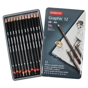 Набор карандашей чернографитных Derwent "Graphic Medium" 12 шт (4H-6B) в металл коробке