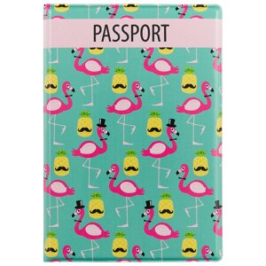 Обложка на паспорт «Фламинго и ананас с усами»