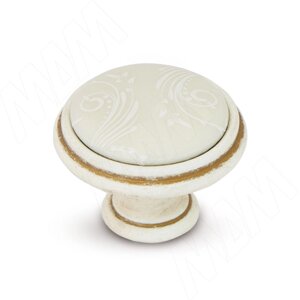 Ручка-кнопка D35мм cлоновая кость/золото винтаж, керамика белые узоры (WPO. 781.000.00V5)