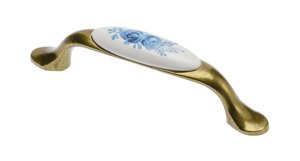 Ручка мебельная керамика дуга 96мм UP-WP0728-РA (синяя роза) старое золото