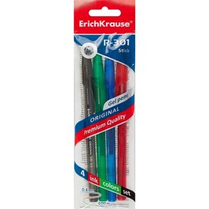 Ручки гелевые 04цв R-301 Original Gel Stick 0.5мм, синяя, черная, красная, зеленая, подвес, Erich Krause