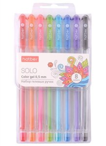 Ручки гелевые 08цв Solo ColorGel 0,5мм, пластик. пенал, подвес, Hatber