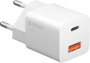 Сетевое зарядное устройство Deppa USB-C + USB-A, PD 3.0, QC 3.0, GaN, 20 Вт белый