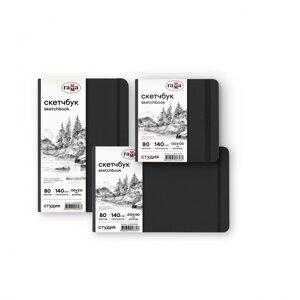 Скетчбук Гамма "Студия" 300*300 мм 80 л 140 г, черный, твердая обложка, на резинке, белая