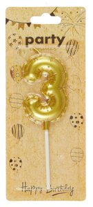 Свеча для торта Цифра 3 Воздушный шар (6см) (золото) (блистер)