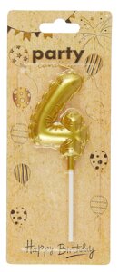 Свеча для торта Цифра 4 Воздушный шар (6см) (золото) (блистер)