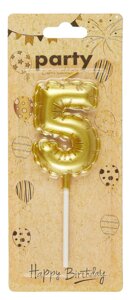 Свеча для торта Цифра 5 Воздушный шар (6см) (золото) (блистер)