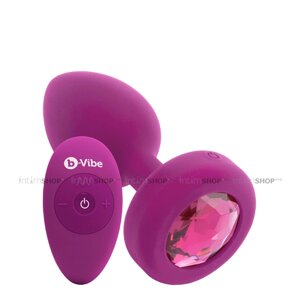 Вибропробка B-vibe Jewel S/M с пультом ДУ, фиолетовая с розовым кристаллом