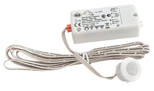 Выключатель врезной PIR250, датчик движения 2м, max 220V, max 250W, провод 2м, белый