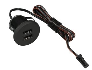 Зарядное USB устройство USB CHARGE-S 2xUSB черный, для мебели, встраив., с пружинами, вых. 5VDC max. 1x2,1A/2x1,05A, вход 12VDC, 2,0A с проводом 2м 2x0.34мм² с конн. L813, без сет. адаптера