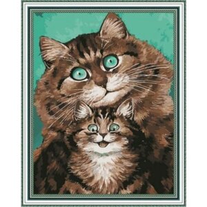 Алмазная мозаика 40х50 "Круглоглазые котенок и кошка" на холсте с подрамником (картина круглыми стразами)