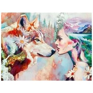 Алмазная мозаика без подрамника 40x50 см Девушка и волк