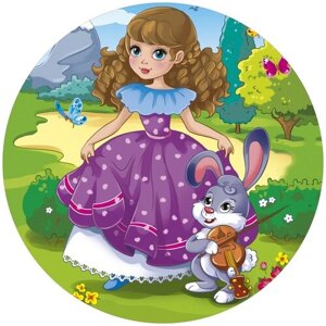 Алмазная мозаика "Милая принцесса с зайчиком" круглая на картоне блестящая, 18 см. Рыжий кот RDS18019