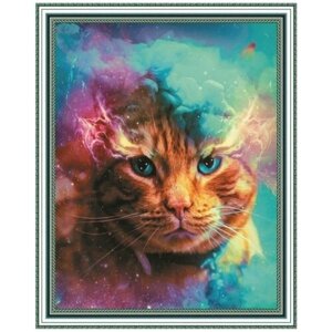 Алмазная мозаика на подрамнике 40х50 Рыжий кот на фоне разноцветного дыма / Картина стразами