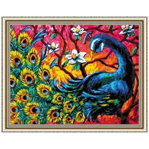 Алмазная мозаика на подрамнике (картина стразами) 40х50 Красочный павлин среди цветущего дерева