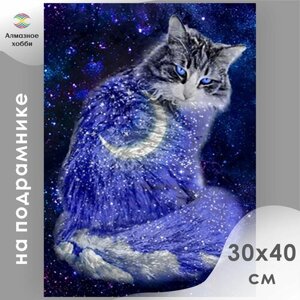 Алмазная мозаика на подрамнике / Картина стразами / Лунный кот 30х40 полная выкладка