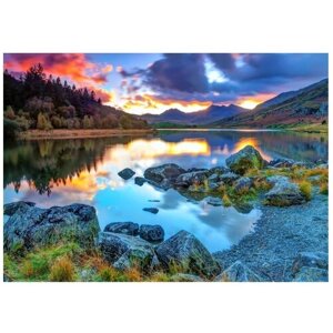 Алмазная мозаика Пейзаж с закатом над горами у озера 22 цвета. арт. CF30048