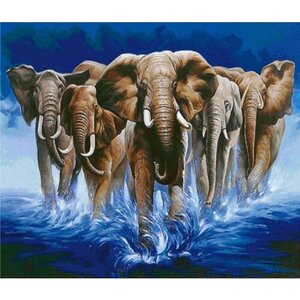 Алмазная мозаика "Слоны в воде" на подрамнике 40х50, полная выкладка 35х45 (картина стразами, алмазная вышивка)