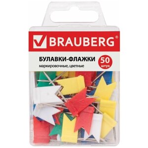 Булавки-флажки маркировочные BRAUBERG, цветные, 50 шт., пластиковая коробка, европодвес, 221537