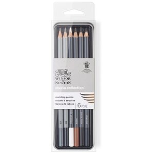 Чернографитные карандаши Winsor&Newton (4В, 8В, белый мел, угольный, черный), в пенале (490011)
