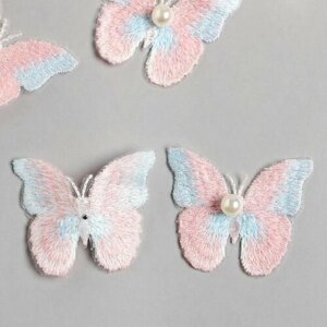Декор для творчества текстиль вышивка Бабочка розово-голубая двойные крылья 5х6,3 см /по 6 шт
