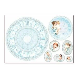 Декупажная карта - Часы для малыша, голубые, на рисовой бумаге, 48 х 33 см, 1 шт.