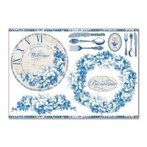 Декупажная карта - Синие часы, на рисовой бумаге, 48 х 33 см, 1 шт.