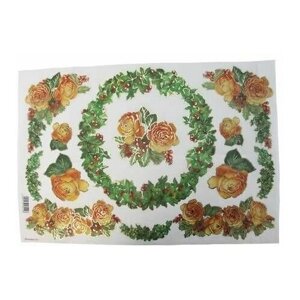 Декупажная карта - Венки и розы, с контурным золочением, на рисовой бумаге, 48 х 33 см, 1 шт.