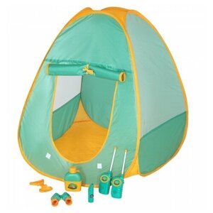 Детская игровая палатка "Набор Туриста" с набором для пикника 6 предметов: фляга, лопатка, бинокль, рации 2 шт., мультиприбор (свисток, фонарик, компа