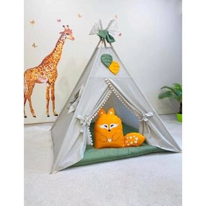 Детская палатка вигвам льняной с мягким тёплым ковриком из хлопка и подушкой-лисичкой. Основание 120х120 см.