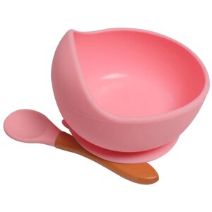 Детская посуда силиконовая: набор для кормления Baby Nice розовый, тарелка на присоске, липучках и ложка