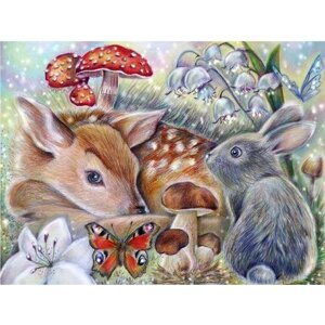 Детский набор для творчества / Алмазная мозаика 40х50 / Олененок с кроликом