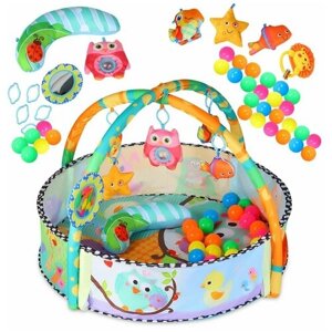 Детский развивающий коврик для малышей Smart Baby "Солнечный день", круглый, подвески-погремушки, с мячиками, с бортиками, подушка, мягкий, голубой