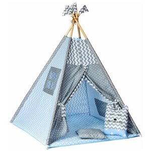 Детский Вигвам/палатка/домик с ковриком, подушкой-игрушкой, подушкой, флажки - 4 шт., кармашек и антискладывание "Милый домик" серо-голубой