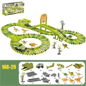 Гибкий автотрек рельсовый с машинками и динозаврами 168+29 предметов