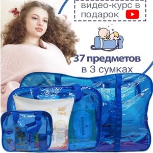Готовая сумка в роддом "Базовая"37 предметов) (синяя тонированная)