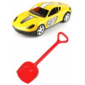 Игрушки для песочницы для снега Детский автомобиль Молния желтый + Лопатка 50 см. синяя