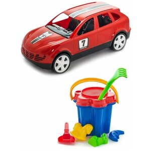 Игрушки для песочницы для снега Игрушка Детский автомобиль (Кроссовер) красный + Набор Цветок 3 элемента