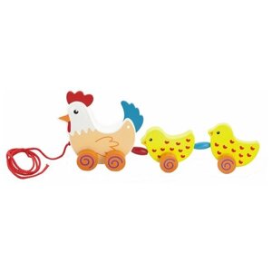 Каталка-игрушка Viga Курочка с цыплятами (50078), желтый/оранжевый/красный
