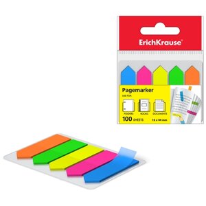 Клейкие закладки пластиковые Erich Krause Neon Arrows, 5 цветов неон по 20л., 44х12мм, в пластиковой книжке (31178)