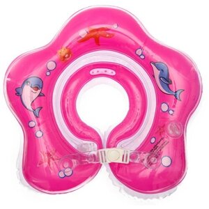 Круг детский для купания новорожденных и малышей, на шею, Подводный мир, розовый с дельфинами