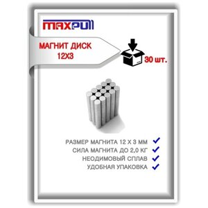 Магниты 12х3 мм MaxPull диски NdFeB набор 30 шт. в тубе. Сила сцепления - 2 кг.
