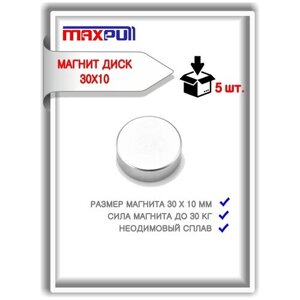 Магниты 30х10 мм MaxPull диски NdFeB набор 5 шт. в тубе