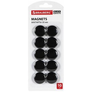 Магниты BRAUBERG "BLACK&WHITE" усиленные 30 мм, набор 10 шт., черные, 237466