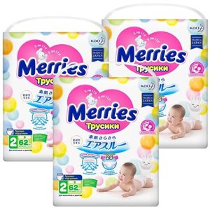 MERRIES Трусики-подгузники для детей размер S 4-8 кг, 62 шт.