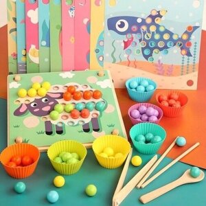 Мозаика с шариками деревянная + сортировка по цветам, развивающая игра для детей